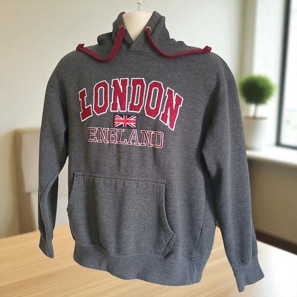 ZONE ONE London England British Flag Hoodie Embroidered Red Lettering Sweatshirt - Picture 5 of 5
